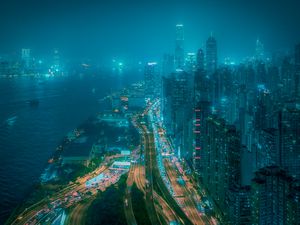 Preview wallpaper night city, fog, aerial view, buildings, road, metropolis
