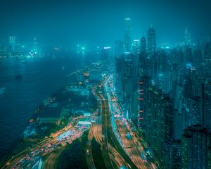 Preview wallpaper night city, fog, aerial view, buildings, road, metropolis