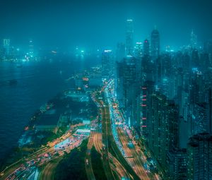 Preview wallpaper night city, fog, aerial view, buildings, road, metropolis