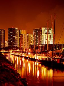 Preview wallpaper night city, glow, reflection