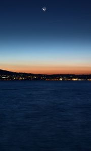 Preview wallpaper night city, horizon, sunset, night, sea, coast