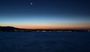 Preview wallpaper night city, horizon, sunset, night, sea, coast