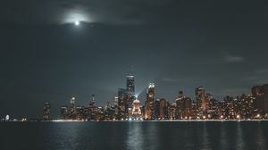 Preview wallpaper night city, lake, panorama, buildings, architecture