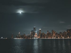 Preview wallpaper night city, lake, panorama, buildings, architecture