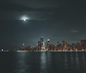 Preview wallpaper night city, lake, panorama, buildings, architecture