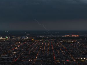 Preview wallpaper night city, lightning, lights, horizon