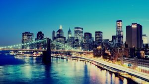 Preview wallpaper night, city, lights, buildings, skyscrapers, new york, lower manhattan, building, bridge