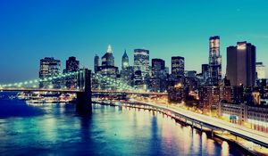 Preview wallpaper night, city, lights, buildings, skyscrapers, new york, lower manhattan, building, bridge