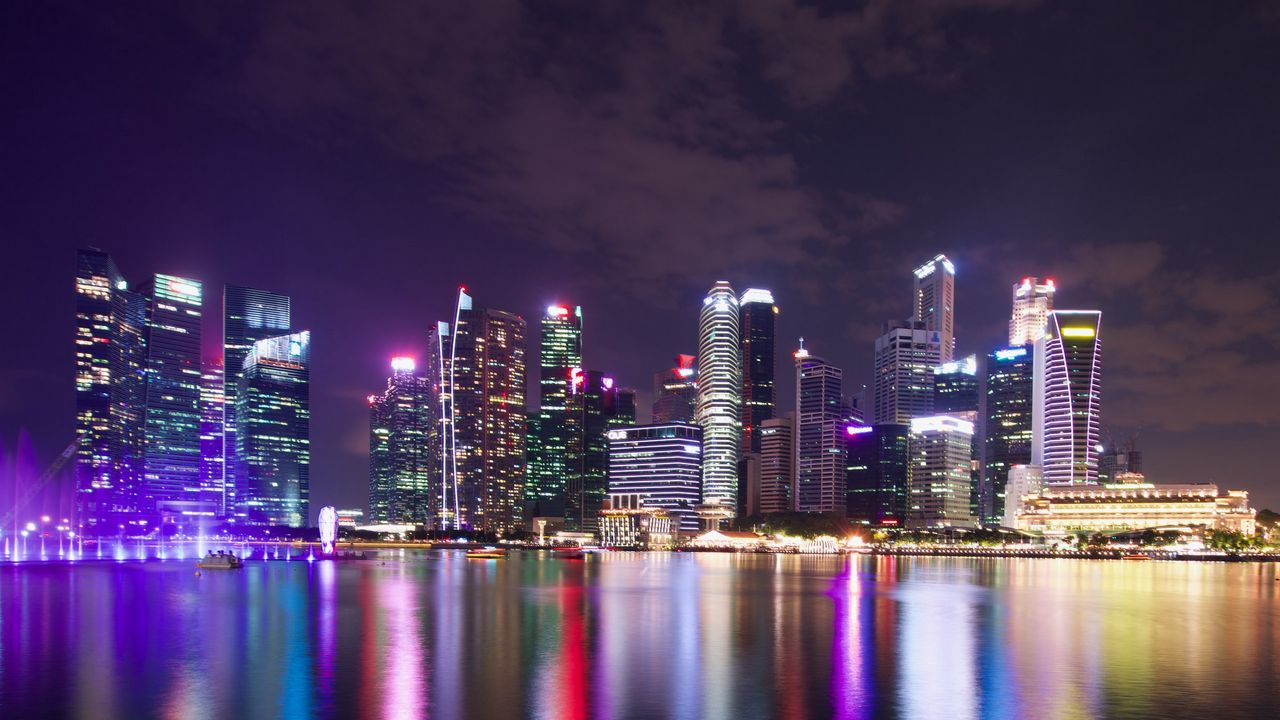 Wallpaper night city, lights, buildings, architecture, reflection