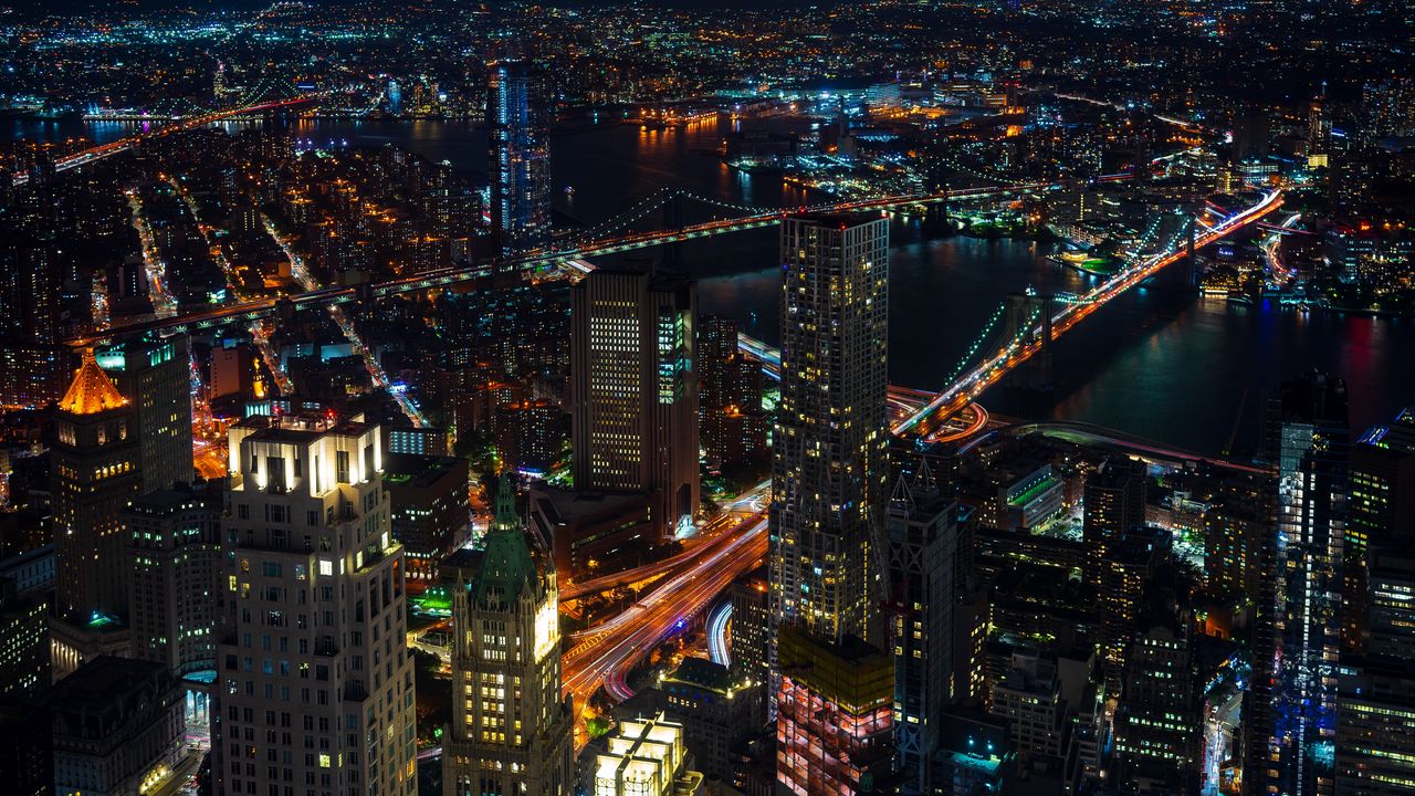 Wallpaper night city lights, city, skyscrapers, top view, new york, usa