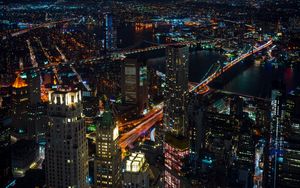 Preview wallpaper night city lights, city, skyscrapers, top view, new york, usa