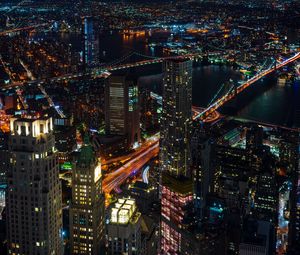 Preview wallpaper night city lights, city, skyscrapers, top view, new york, usa