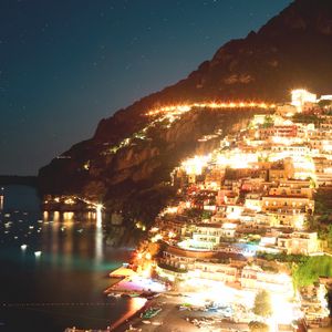 Preview wallpaper night city, lights, coast, beach, buildings