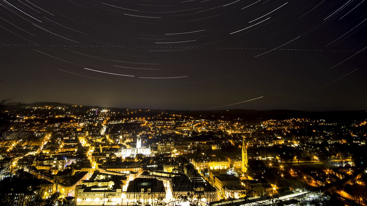 Wallpaper night city, lights, starry sky, twisting, night