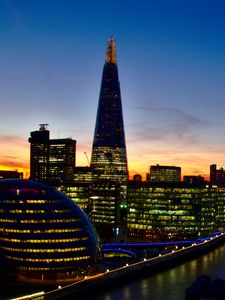 Preview wallpaper night city, lights, tower, sunset