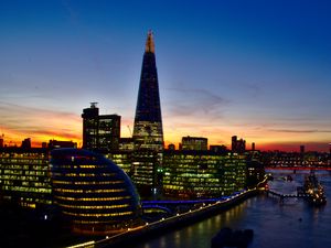 Preview wallpaper night city, lights, tower, sunset