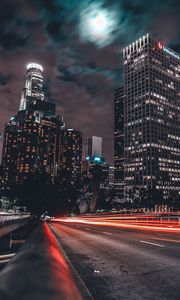 Preview wallpaper night city, long exposure, buildings, light, road