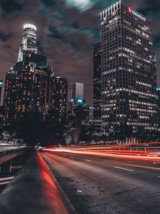 Preview wallpaper night city, long exposure, buildings, light, road