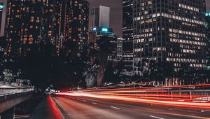 Preview wallpaper night city, long exposure, buildings, light, road