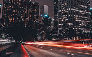 Preview wallpaper night city, long exposure, buildings, light, road