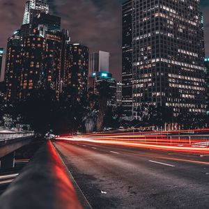 Preview wallpaper night city, long exposure, buildings, light, road