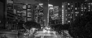 Preview wallpaper night city, long exposure, bw, city lights, road, buildings, los angeles, california