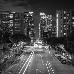 Preview wallpaper night city, long exposure, bw, city lights, road, buildings, los angeles, california