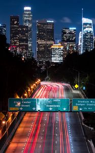 Preview wallpaper night city, long exposure, city lights, road, buildings, los angeles, california