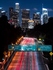 Preview wallpaper night city, long exposure, city lights, road, buildings, los angeles, california