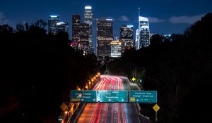 Preview wallpaper night city, long exposure, city lights, road, buildings, los angeles, california