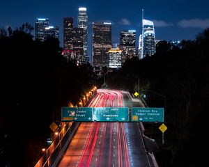 Preview wallpaper night city, long exposure, city lights, road, buildings, los angeles, california
