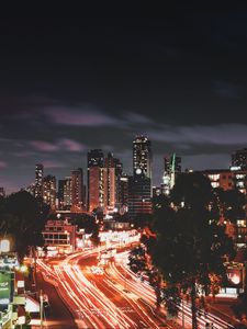 Preview wallpaper night city, long exposure, city lights, road, night