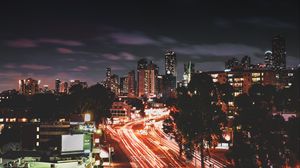 Preview wallpaper night city, long exposure, city lights, road, night