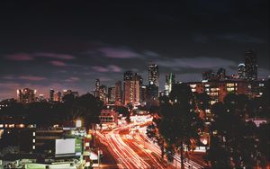 Preview wallpaper night city, long exposure, city lights, road, night