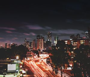 Preview wallpaper night city, long exposure, city lights, road, night