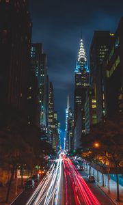 Preview wallpaper night city, long exposure, city lights, road, new york, usa