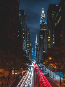 Preview wallpaper night city, long exposure, city lights, road, new york, usa