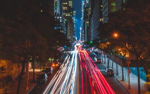 Preview wallpaper night city, long exposure, city lights, road, new york, usa