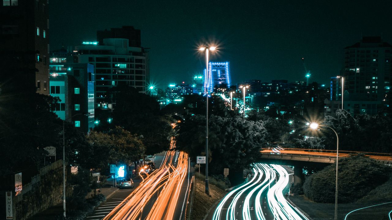 Wallpaper night city, long exposure, road, direction