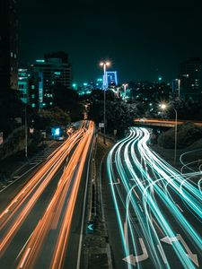 Preview wallpaper night city, long exposure, road, direction