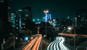 Preview wallpaper night city, long exposure, road, direction