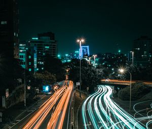 Preview wallpaper night city, long exposure, road, direction