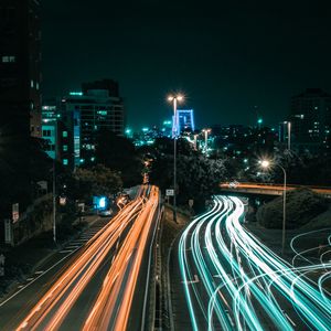 Preview wallpaper night city, long exposure, road, direction