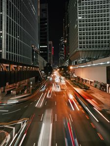 Preview wallpaper night city, long exposure, street, architecture, buildings, movement