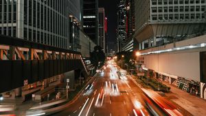 Preview wallpaper night city, long exposure, street, architecture, buildings, movement