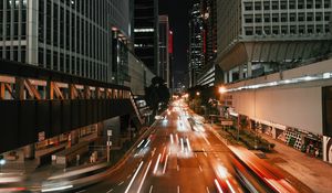 Preview wallpaper night city, long exposure, street, architecture, buildings, movement