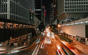 Preview wallpaper night city, long exposure, street, architecture, buildings, movement