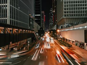 Preview wallpaper night city, long exposure, street, architecture, buildings, movement