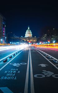 Preview wallpaper night city, long-term exposure, city lights, road, marking, architecture