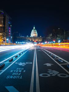 Preview wallpaper night city, long-term exposure, city lights, road, marking, architecture